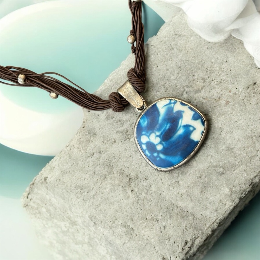 Blue Flower Pendant Necklace Rustic Boho Beach Statement